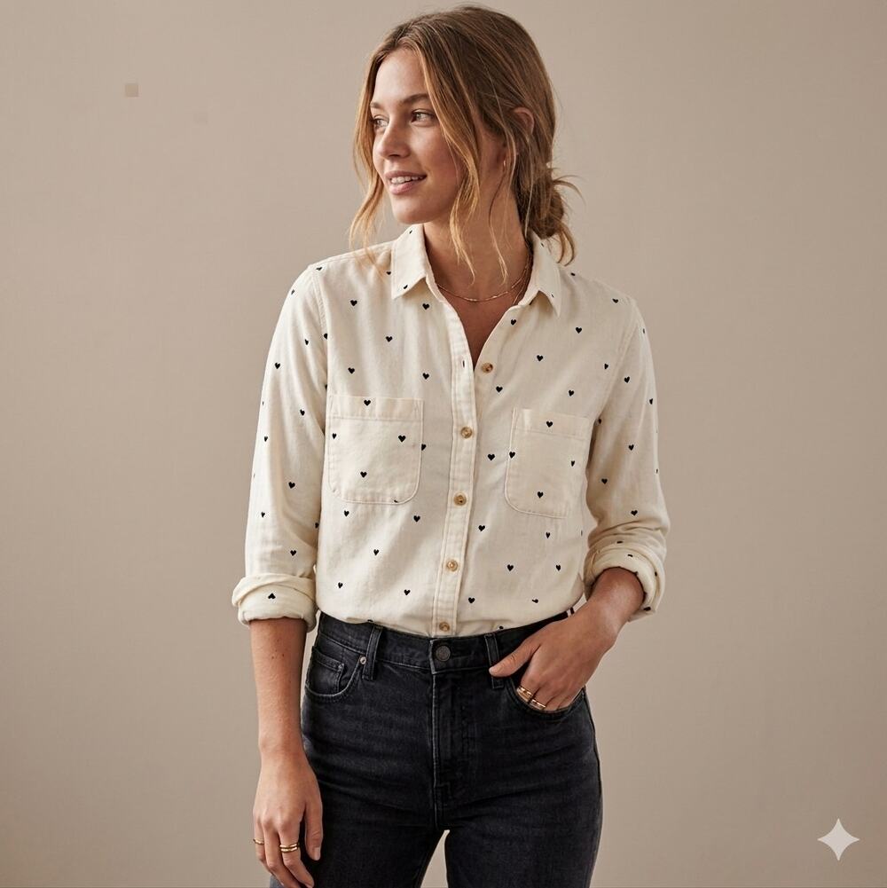Abercrombie & Fitch Cream Heart Print Button-Down Shirt - Size Small